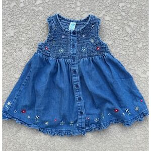Vintage Baby Denim Dress 18 months Smocked Embroidered Floral Button Front